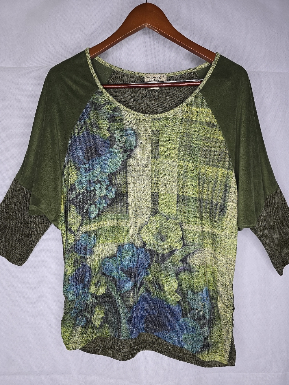 One World Mixed Media Top Green Floral Faux Suede Knit 3/4 Dolman Sleeve L